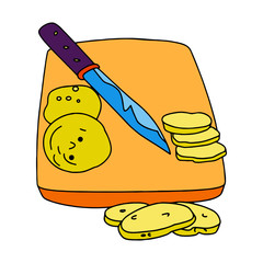 Chopping board and knife cartoon illustration isolated on white background for children color book