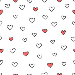 Cute colorful seamless pattern of hand drawn doodle hearts elements on white background. Vector illustration