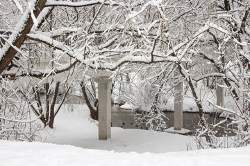 The concrete supports of the bridge over the river in the winter