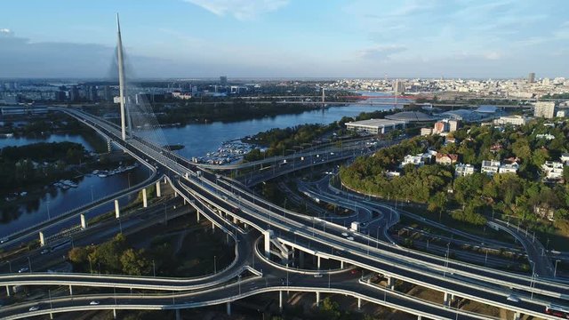 Aerial view of new cable-stayed bridge in Belgrade, transportation and infrastructure development in Serbia