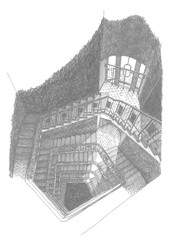 Stairway in the House of actor on the Arbat. Ink illustration