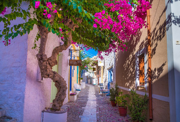 Ruelle étroite pavée d& 39 Ano Syros dans l& 39 île de Syros, Cyclades, Grèce. Vue sur la rue