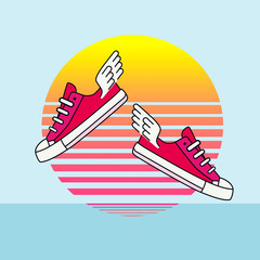 Illustration of some cute pink sneakers with little wings flying over a minimal beach with a beautiful sunset in yellow, orange and pink tones. Background is blue with a clear sky and calm sea. 
