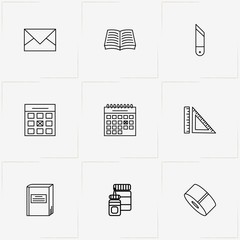 Stationery line icon set with cutter, ruler and book