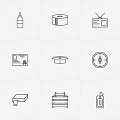 Stationery line icon set with glue stick , adhesive tape  and mail