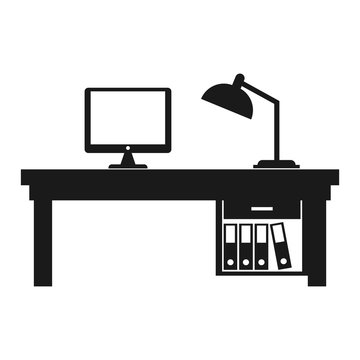 Simple, flat, black silhouette work desk icon. Office icon. Isolated on  white Stock Vector | Adobe Stock