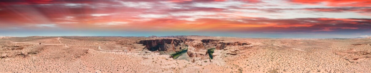 Panoramic sunset aerial view of Horseshoe Bend in Page, Arizona, USA