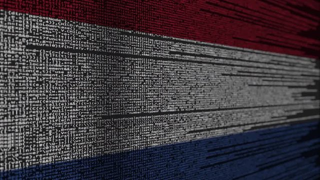 Program code and flag of Netherlands. Dutch digital technology or programming related loopable animation