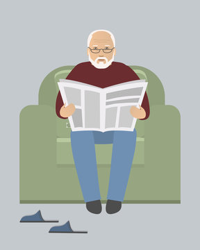 Old man is sitting in an armchair and reading a newspaper. There are also room slippers in the picture. Vector illustration