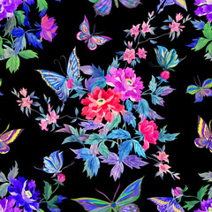 Seamless watercolor pattern of peonies and butterflies in oriental style.