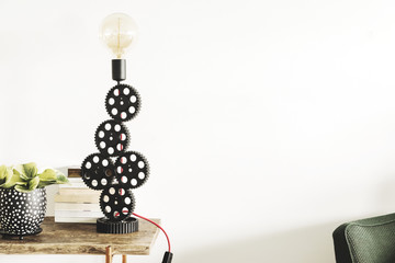 Modern scandinavian room with wooden console, design table lamp, books and beautiful plants. Stylish composition of home interior.