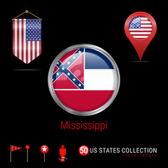 Round Chrome Vector Badge with Mississippi US State Flag. Pennant Flag of USA. Map Pointer - USA. Map Navigation Icons