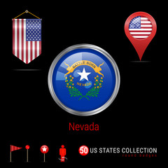 Round Chrome Vector Badge with Nevada US State Flag. Pennant Flag of USA. Map Pointer - USA. Map Navigation Icons