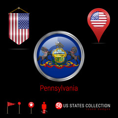 Round Chrome Vector Badge with Pennsylvania US State Flag. Pennant Flag of USA. Map Pointer - USA. Map Navigation Icons