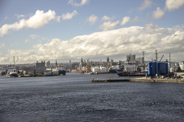 Aberdeen, Scotland / United Kingdom - April 17th 2018: Harbour and the city landscape