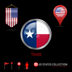 Round Chrome Vector Badge with Texas US State Flag. Pennant Flag of USA. Map Pointer - USA. Map Navigation Icons