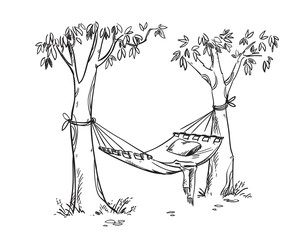 Cosy hammock in a garden. Vector line drawing