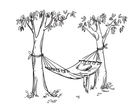 Cosy Hammock In A Garden. Vector Line Drawing