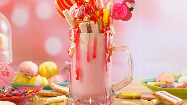 Modern popular trend strawberry freak shakes milkshakes toppping with lollipops candy and cookies, selective focus.