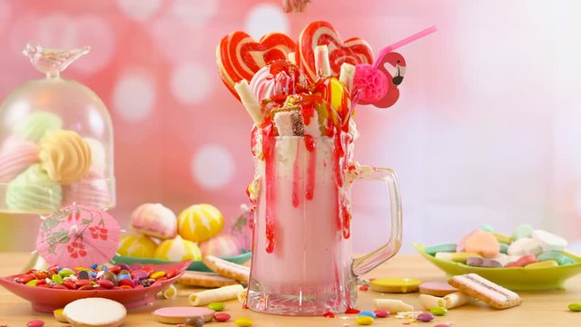Modern popular trend strawberry freak shakes milkshakes toppping with lollipops candy and cookies, selective focus.