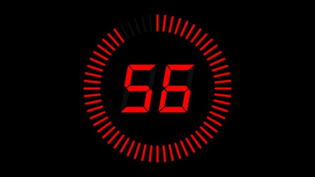 Digital countdown clock, 60 seconds with numbers and circle marking time, 60fps
