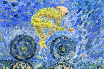 Der Radfahrer fährt mit hoher Geschwindigkeit. Ein Straßenrennen an einem regnerischen Tag. Helle Farben. Ölgemälde auf Leinwand. Das Bild spiegelt die Essenz des Radfahrens wider. © Victor Chaika