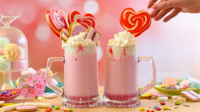 Making modern popular trend strawberry freak shakes milkshakes toppping with lollipops candy and cookies, selective focus.