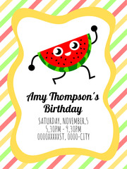 Cute card template of a birthday invitation with a watermelon dancing