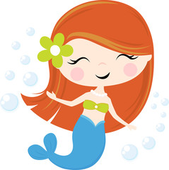 cute little redhead mermaid illustration isolated on white, design for baby girl and children