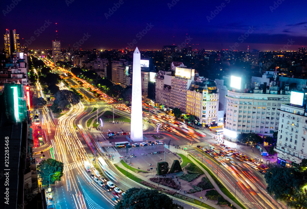 Sticker colorful aerial view of buenos aires and 9 de julio avenue at night - buenos aires, argentina