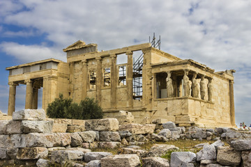 Fototapeta na wymiar The famous Caryatids inside the Erecteion, Acropolis, Greece