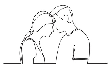 continuous line drawing of couple standing together on white background