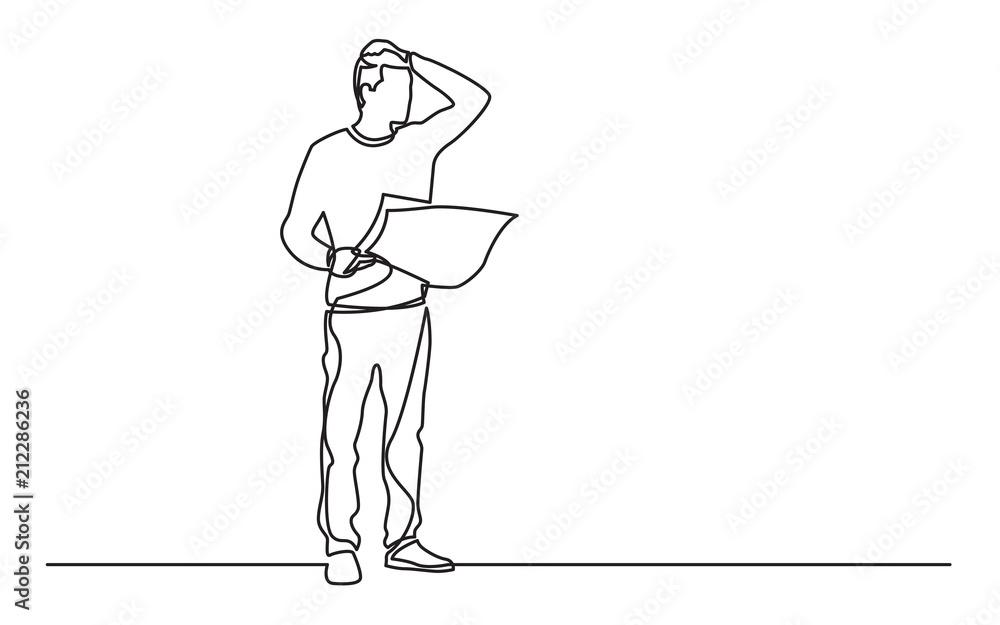 Poster continuous line drawing of standing man with map feeling lost