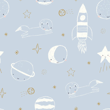 Vector seamless pattern with fox astronaut, rocket ship, planets and stars