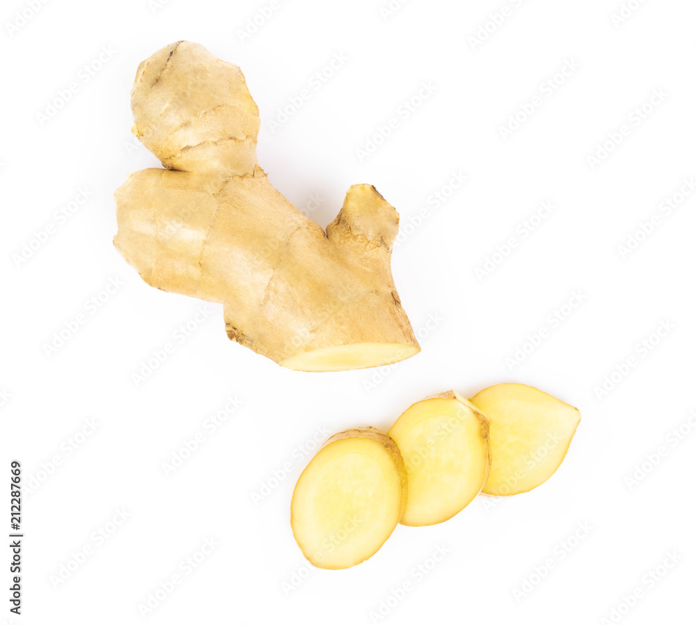 Wall mural fresh ginger root with sliced on white background for herb and medical product concept