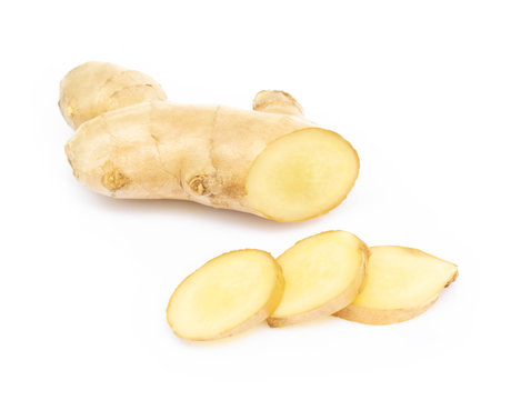 Fresh ginger root with sliced on white background for herb and medical product concept