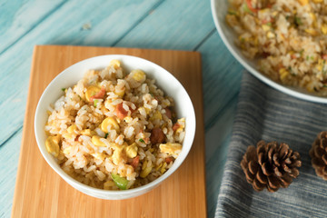 Egg Fried rice with a blue wood grain background