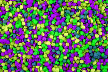 Colorful candies background, copy space. Sweet candies spreading pastry decoration. Pile of colorful candy. Sweets  texture, food pattern. Top view, flat lay