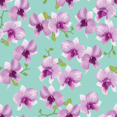 Seamless pattern of tropical orchid flowers on green background template. Vector set of blooming floral for holiday invitations, greeting card and fashion design.