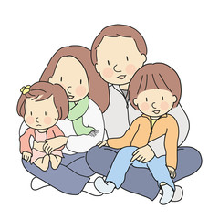 Vector illustration of happy father, mother, son & daughter sitting together. Kids sitting on parents' lap. Dad and mom holding and hugging baby. Family day, parenthood, childhood development concept.