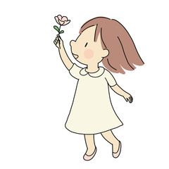 Vector illustration of little happy kid girl giving pink flower. Happiness, love, mother day and valentine day concept. Cartoon character drawing style.