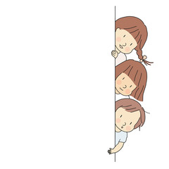Vector illustration of little kids, boy and girls, peeking out behind wall. Peek a boo, back to school, happy children day concept. Cartoon drawing. Blank background template for banner & brochure.