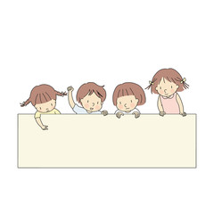 Vector illustration of four little kids, boy & girls, pointing and looking at  blank template for presentation, brochure or banner. Education and learning concept. Cartoon character drawing style.