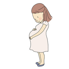 Vector illustration of happy pregnant woman touching, looking, feeling new baby in big  belly. Family, pregnancy, maternity, motherhood  concept. Cartoon character drawing.