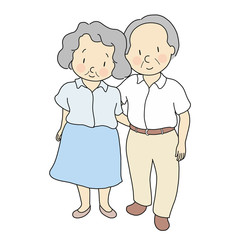 Vector illustration of elderly couple standing & smiling together. Elderly people, 70s, healthcare, family, togetherness, happy anniversary, happy grandparents day concept. Cartoon character drawing.