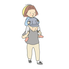 Vector illustration of little kid girl riding dad's shoulders. Daughter ride on daddy back. Early child development, family, happy father day, happy children day concept. Cartoon character drawing.