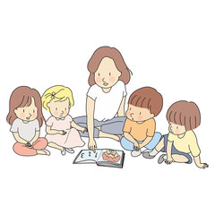 Vector illustration of teacher & little students reading books together. Early childhood development, learning & education, nursery, kindergarten, elementary school concept. Cartoon character drawing.