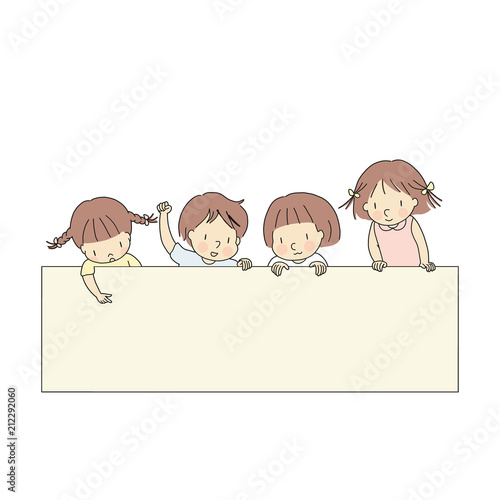 vector illustration of four little kids boy girls pointing and