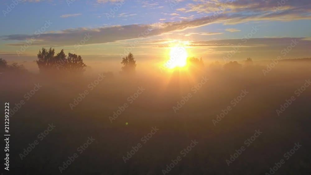 Wall mural beautiful aerial shot of thick layer of fog on fields during sunrise with expanse and endless skylin