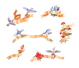 set of watercolor vintage ribbons with birds and flowers